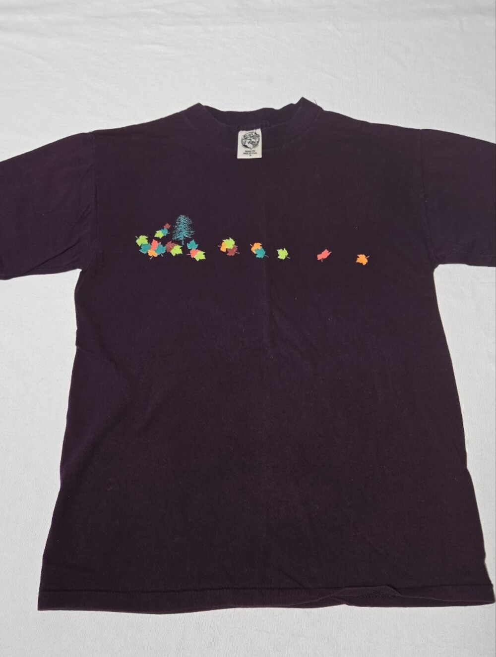 Vintage Dark Purple Tee with Multicolor Leaf Motif